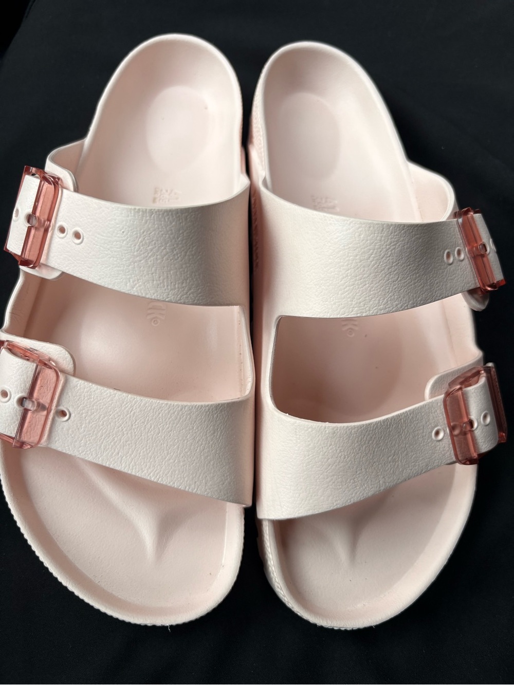 Birkenstock Women's Two-Strap Slide Sandal Light Pink with Rose Gold Buckles 10
